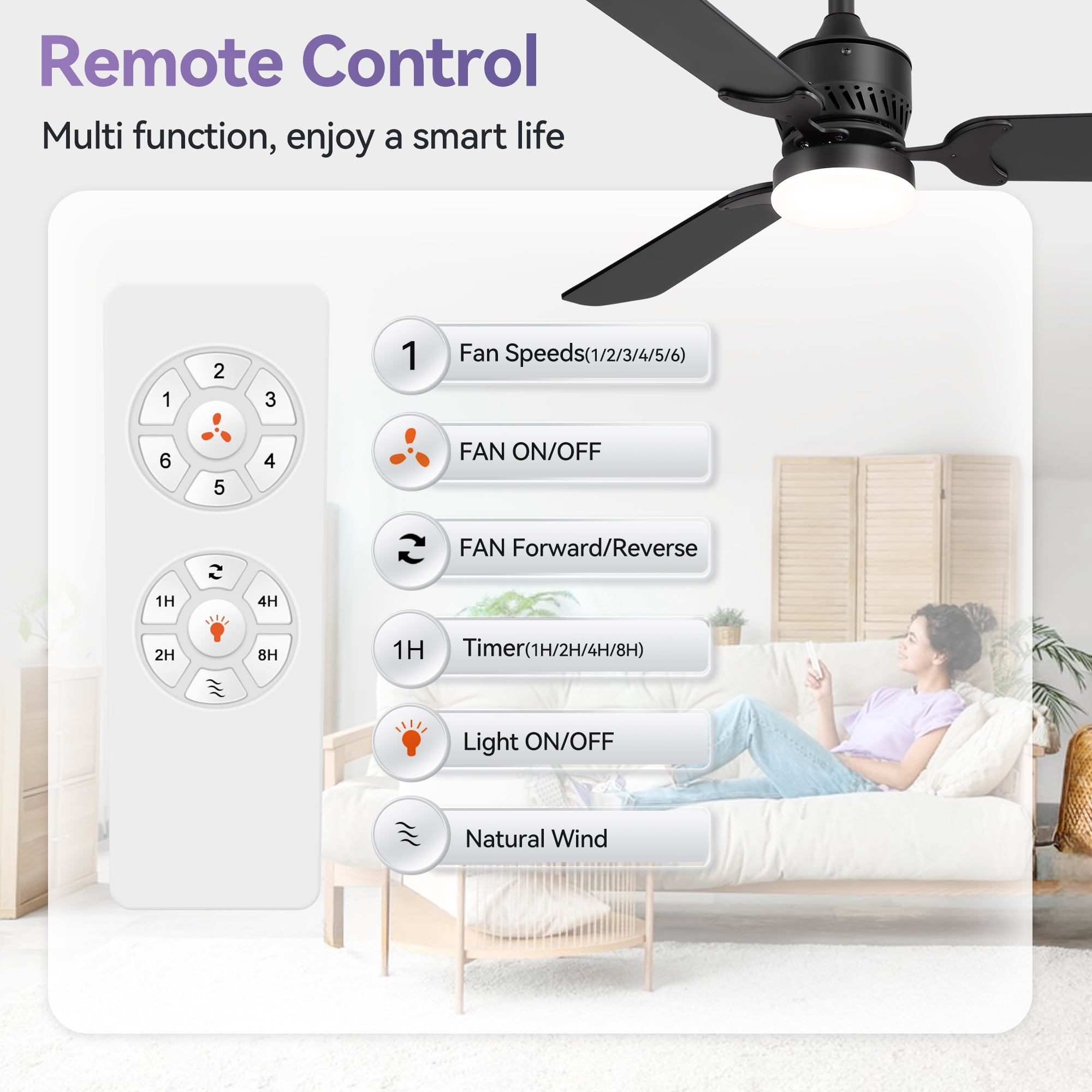 ALKAFY 2-Pack 42 inch Black Modern Ceiling Fan - 3-Blade Smart DC Motor, LED Light & Remote for Bedroom, Living Room