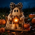 thumbnail image 3 of Lighted Halloween Resin Figurines, Cute Ghost Skeleton Mummy and Pumpkin Tabletop Centerpiece, Indoor Decoration for Home Mantel Shelf Desk and Spooky Party Display, D, 3 of 5