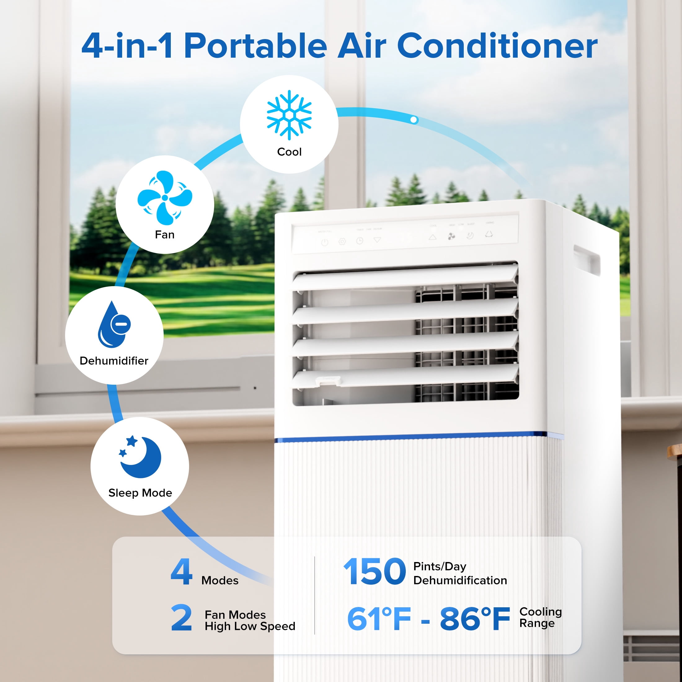 KISSAIR Portable Air Conditioner 10000 BTU Ashrae, 4-in-1 Portable AC, Dehumidifier & Fan with 24-Hour Timer/Remote Control/Windows Kit (White)