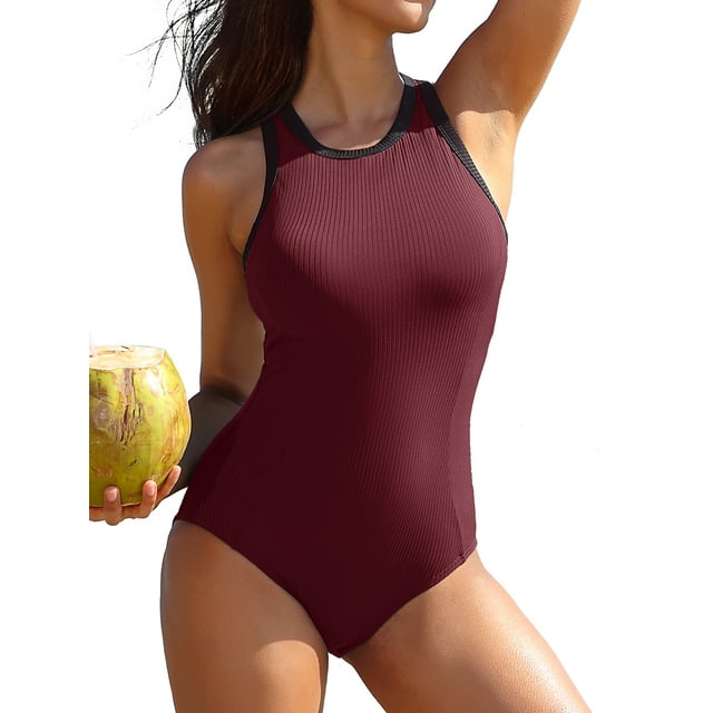 Color Blocked One Piece Zip Monikini Swimwear for Womens Tummy Control Swimsuit