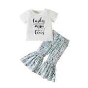 Lamuusaa Toddler Girl Summer Clothes Set, Letter Print Short Sleeve Round Neck T-Shirt + Bull Head Pattern Flare Pants