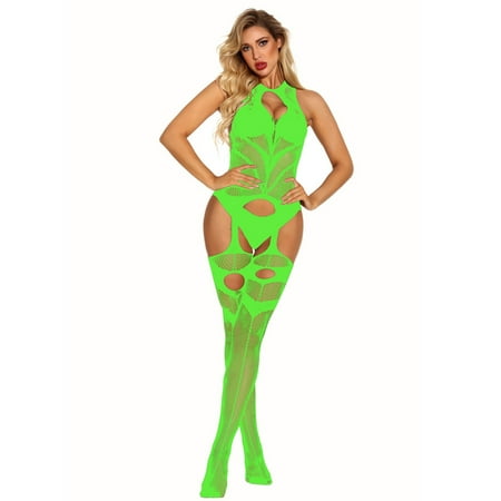 

Uorcsa Midnight Erotic Bodysuit Open Crotch V Neck Hollow See Through Halterneck Women Temptation Lingerie Sets Green