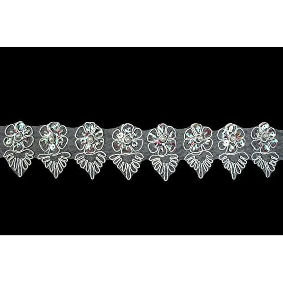 Altotux 1.5" White Corded Sequins Beaded Organza Floral Daisy Lace Trim by Yard