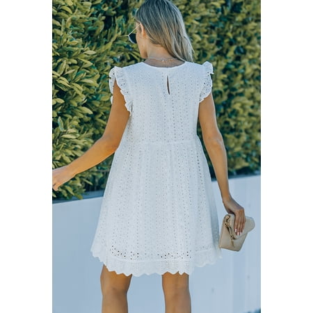 GCKG Women s White V Neck Ruffled Sleeves Perforating Babydoll Dress (US 12-14)L