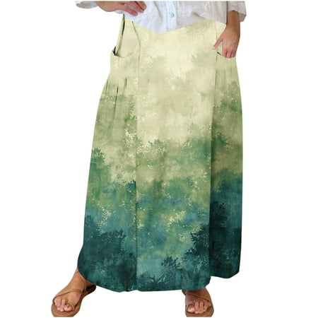 Mrat Swim Skirts Women s Casual Retro Floral Skirts Linen Elastic Waist Pleated Maxi Skirt with Pockets Plus Size Skirts S-107 Green 4XL