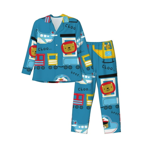 Fotbe Transportations With Cute Animals Pijama de Hombre con Estampado de Manga Larga, Conjunto de 2 Piezas, Ropa de Dormir Suave y Cómoda con Bolsillos-Small