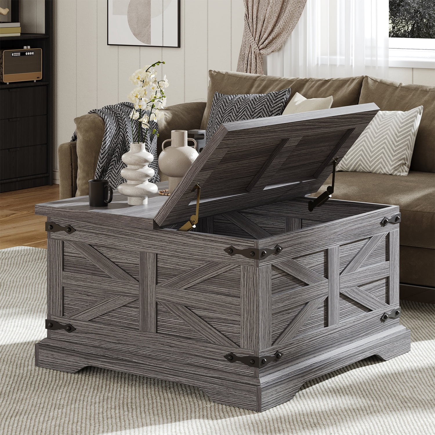 Winkalon Farmhouse Coffee Table, Square Wood Center Table with Storage and Lift Top, Metal Corners for Living Room, Grey