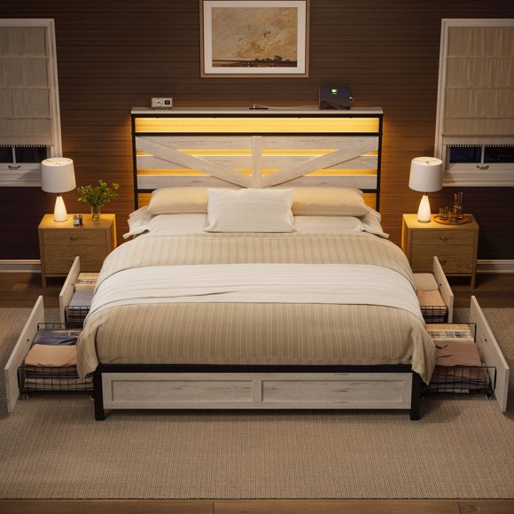 GUNAITO Queen Bed Frame with Storage Headboard & 4 Drawers, Industrial Metal Platform LED Bed with USB Ports & Outlets, Light Gray