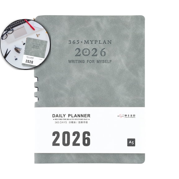 2026 Schedule Planner A5 with Date Notes – Faux Leather Cover, 176 Sheets, Gray