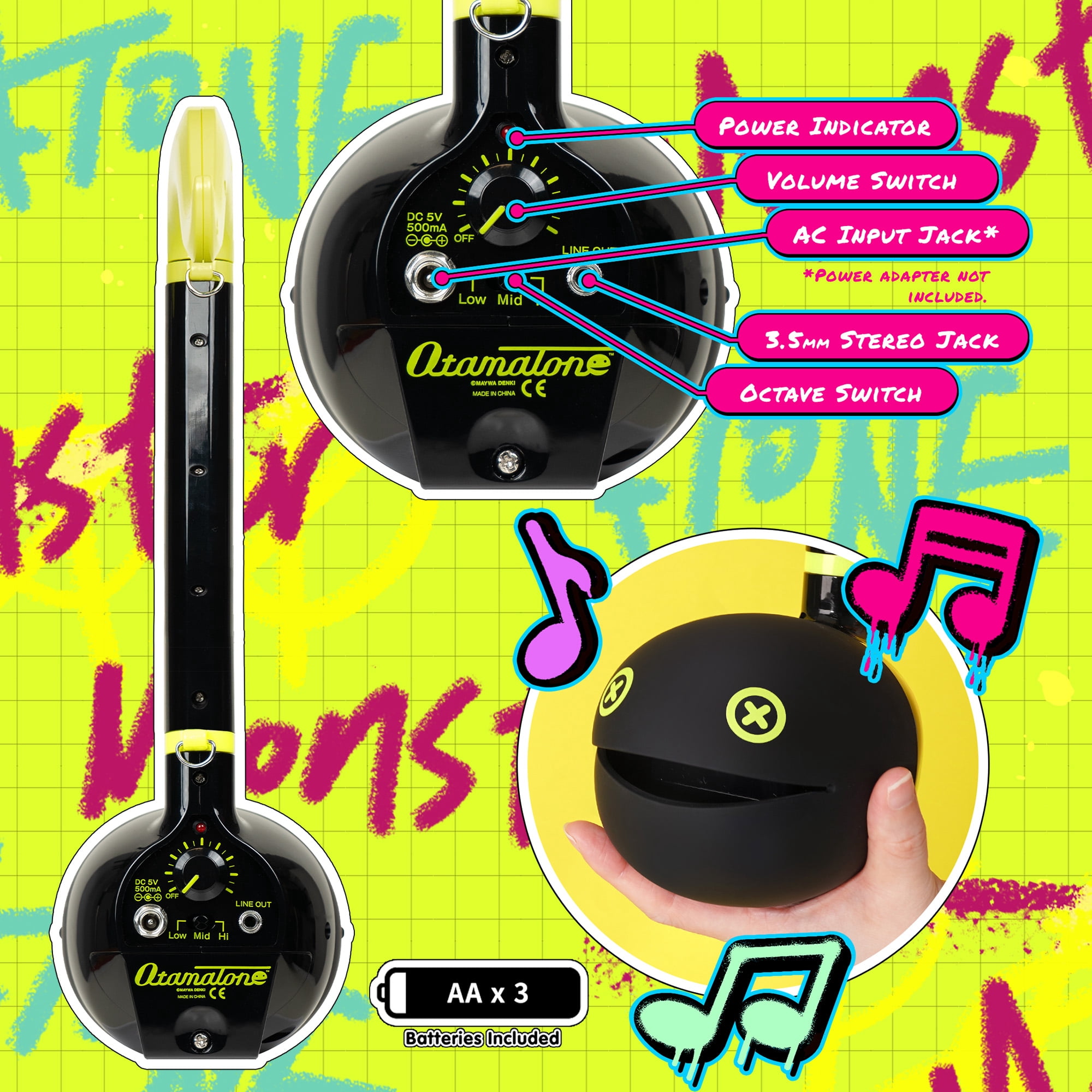 Otamatone Deluxe Electronic Musical Instrument for Adults Portable Synthesizer Digital Electric Music from Japan by Cube/Maywa Denki Cool Stuff Gifts, Monster (Lime Green/Black)