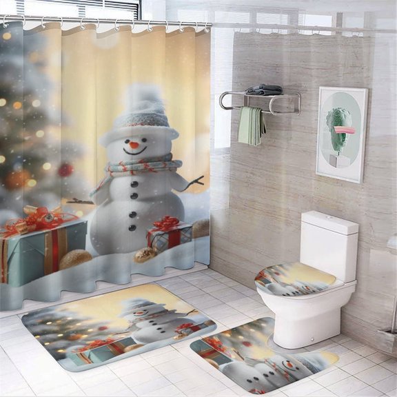 Christmas Trees, Snowmen 4Pcs Shower Curtain Set Shower Curtain Set with Carpet Bath Mat