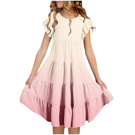 NiSHUIHAN Girl's Summer Dresses Ruffled Sleeve A-Line Tiered Swings Midi Boho Sun Dress Casual Sundress with Pockets Pinks 8 Years