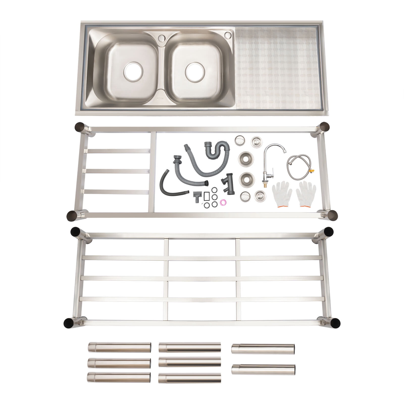 Free Standing Stainless-Steel Double Bowl Commercial Restaurant Kitchen Sink Set w/Faucet & Drainboard