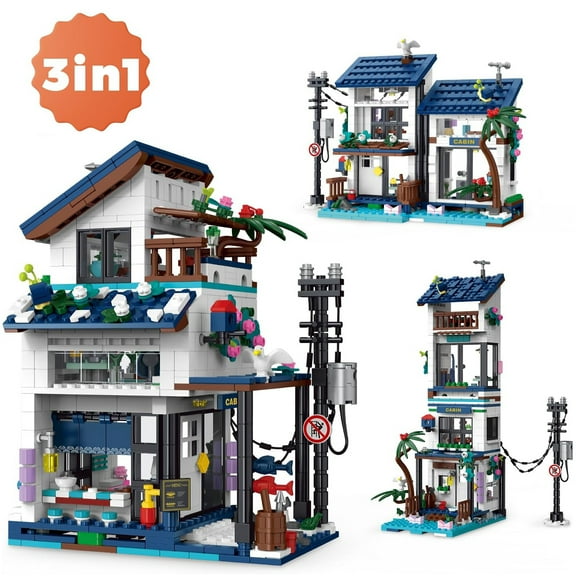 Vyytoz 813Pcs 3-in-1 Vacation Beach House Building Set with Light, Creative Display Toy, Street View Collection
