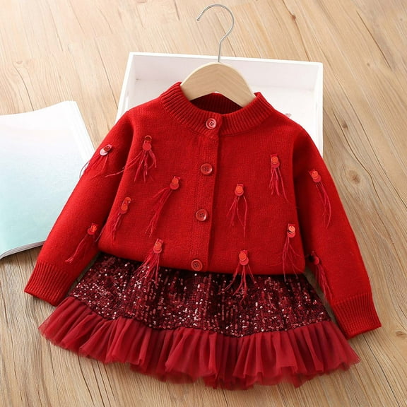 NAISIBABY Girls Sets 2-Piece, Tassel Button-Up Cardigan Sweater and Mesh Sequin Skirt 2025 Fashion Dress Outfit Red 6-7T