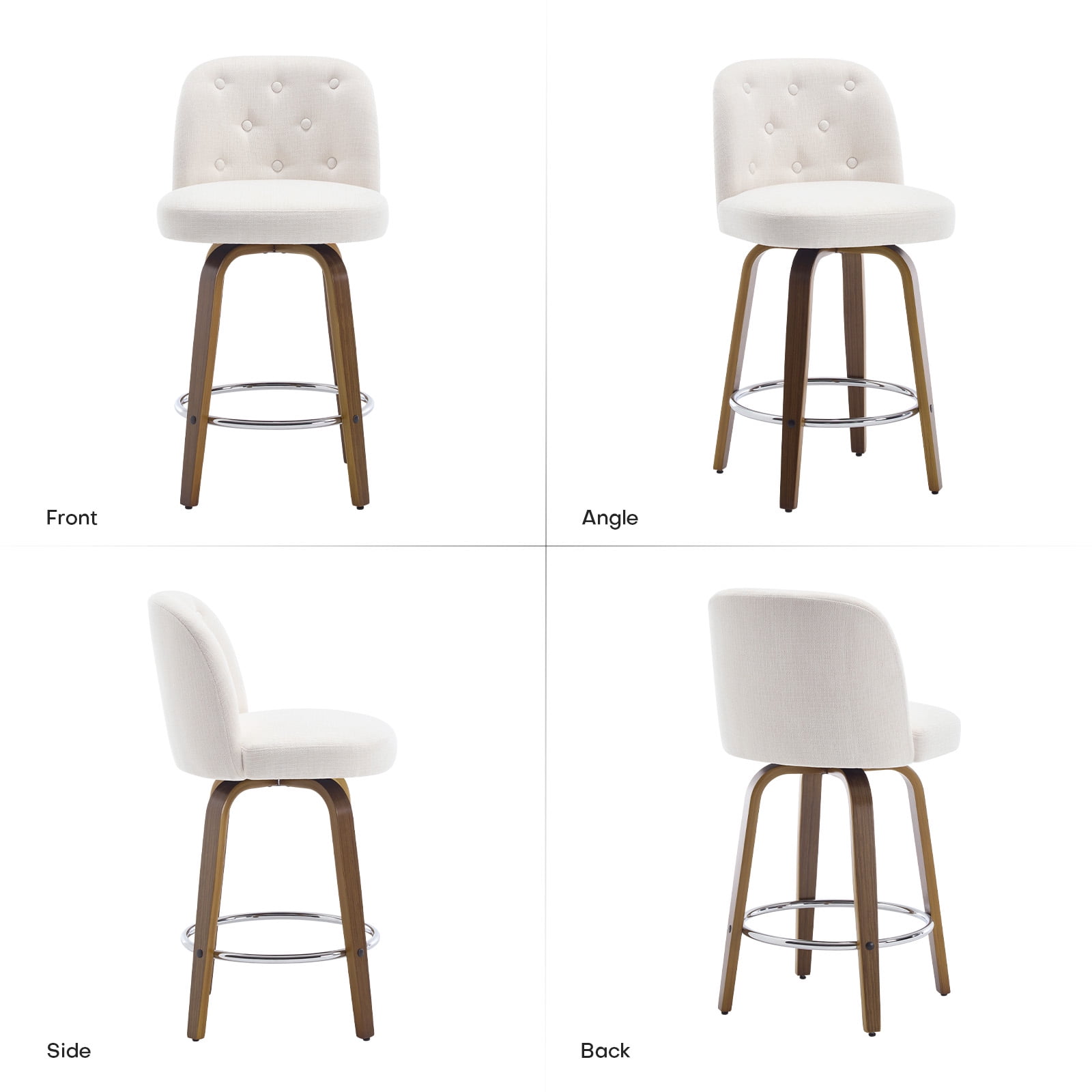 Foreate Swivel Bar Stools Set of 2, 26" Upholstered Linen Fabric with Button-tufted Mid-Back & Wood Legs, Modern Chair Kitchen Pub Island Counter Stool