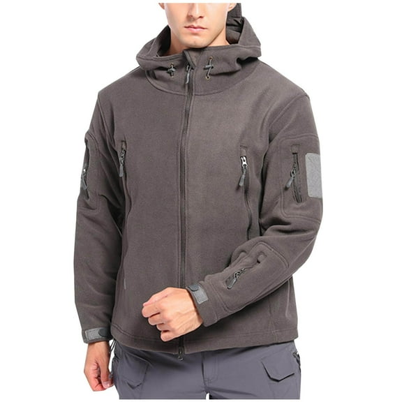 Men's Windbreakers Man Solid-Color Plush Multi-Pocket Zipper Outdoor Sports Charging Warm Long Sleeve Hooded Outwear Jacket Windbreaker Front-Zip Jacket Gray 2XL