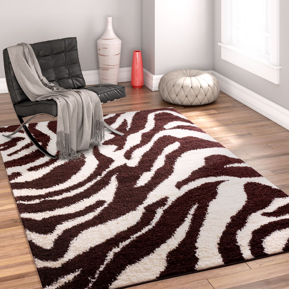 Well Woven Madison Shag Safari Zebra Brown Thick Shag 5' x 7'2" Area