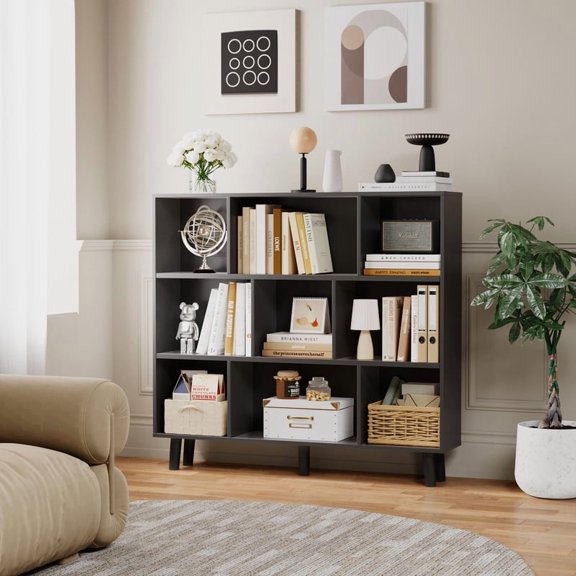 Homall Cube Bookshelf 3-Layer Modern Bookcase with Legs, Retro Wooden Bookshelf Storage Organizer Bookshelf, Independent Open Bookshelf, Bedroom, Living Room, Office,Black