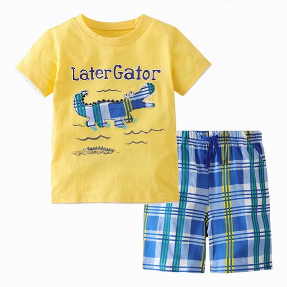 TOWED22 Baby Boy Toddler Clothes 2 Pieces Crewneck Short Sleeve Top Tee Dinosaur Pattern Drawstring Shorts Print Outfits(Yellow,4-5 Y)