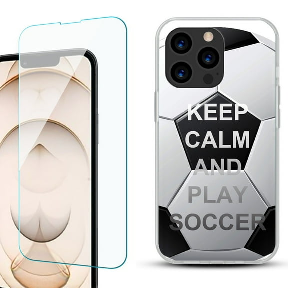 Slim-Fit Anti-Scratch Gel TPU Phone Case for iPhone 13 Pro, with Tempered Glass Screen Protector, by OneToughShield ® - Keep Calm Soccer