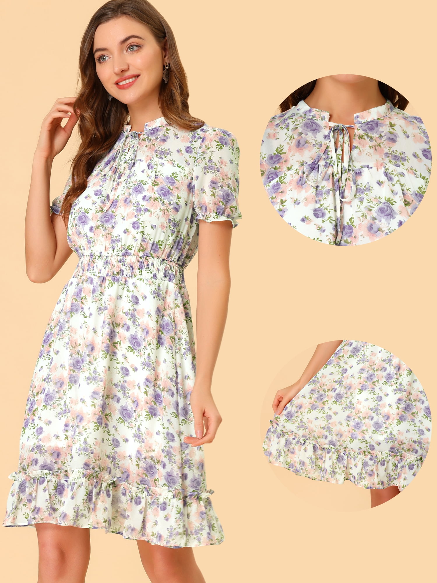 DARING DIVA Floral Ruffle Hem A-Line Smocked Chiffon Dress L White