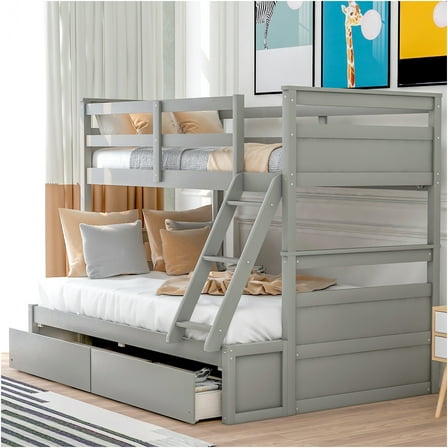 JERFIT Twin over Full Bunk Bed with Storage Drawers, Solid Wood Frame, Space Saving Bunk Bed, Gray