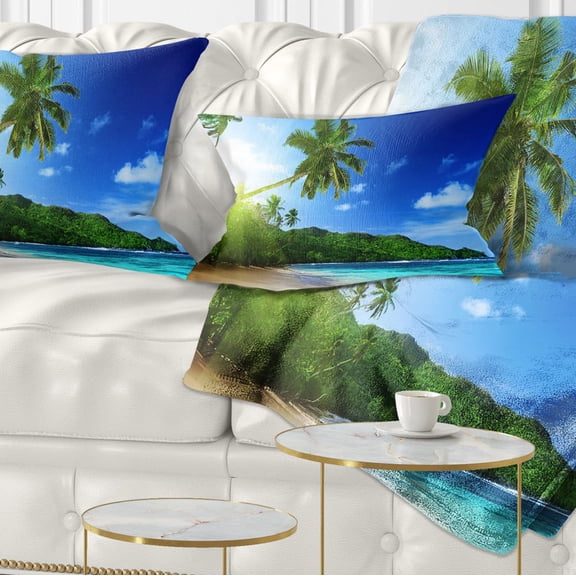 Designart Sunset Beach with Palm - Landscape Photography Throw Pillow - 12x20
