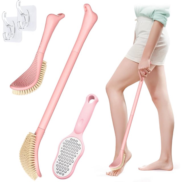 New Foot Brush & Foot File Set(2PCS), 3-IN-1 Foot Scrubber in Shower, 10.2‘‘-27.5‘‘Adjustable Long Handle Foot Scrub Brush and Upgrade Foot File Callus Remover, Gift-Box Packed(Pink+Foot File)