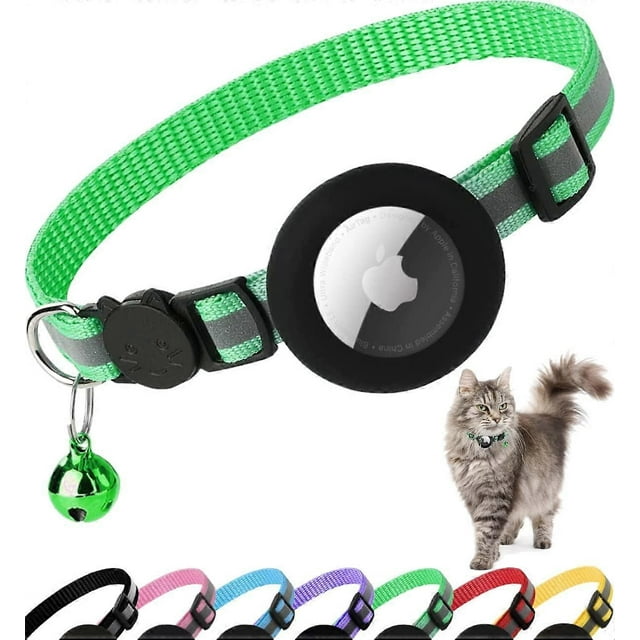 Airtag Cat Collar Breakaway, Reflective Kitten Collar with Apple Air Tag Holder and Bell for Girl Boy Cats, 0.4 Inches in Width and Lightweight(Green)