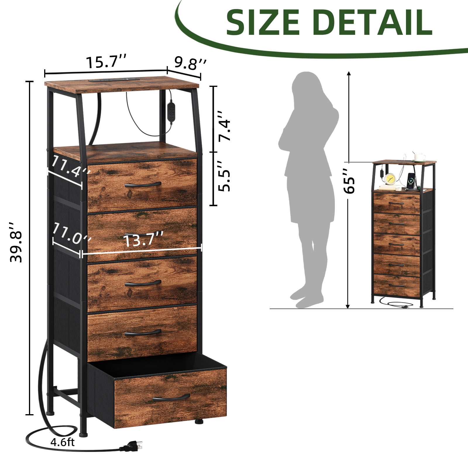 Eunos Tall Nightstand with Charging Station and LED for Bedroom, 5 Drawer with Storage Shelfs, Wood Grain Print