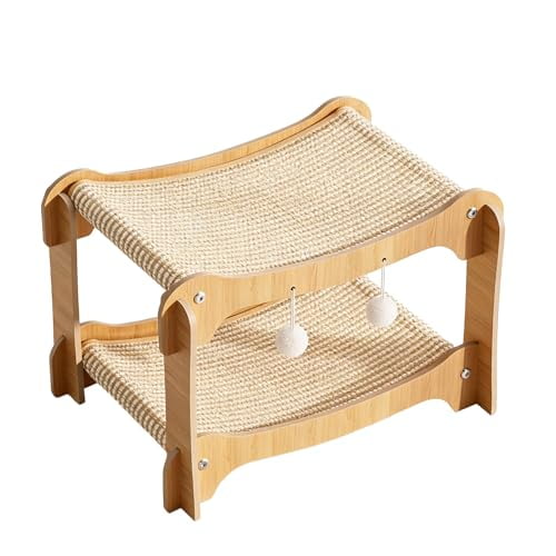Double-Decker Cat Bed, 2-Tier Wooden Pet Cats Scratcher Lounge with Hanging Ball Toys, Natural Sisal Hammock Bed for Indoor