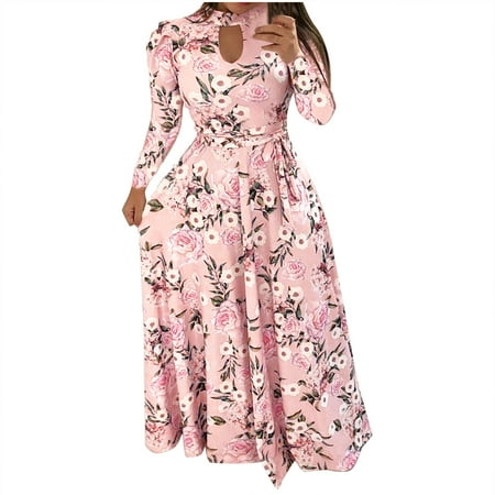 

Airpow Women Long Sleeve Round-Neck Dress Women s Long Sleeve Bandage Print Crew neck Casual Long Dress Plus Size Maternity Dress Digital Printing Women Long Dress Long Sleeves Pink