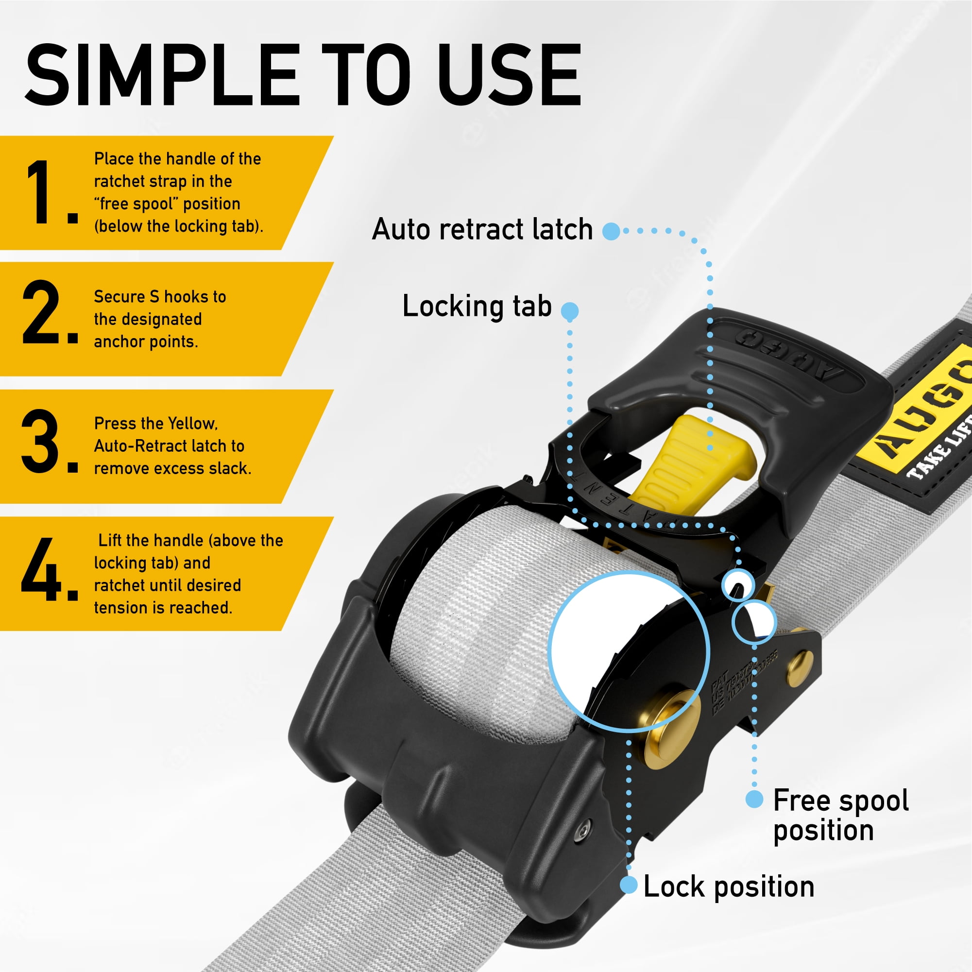 AUGO Retractable Ratchet Straps | 2 Heavy Duty Ratchet Straps Self Retractable Tie Down Straps with Soft Loops & Storage Bag for Motorcycle, Truck, Trailer, Cargo Van |3000 Lb Break Strength 2” x 10’