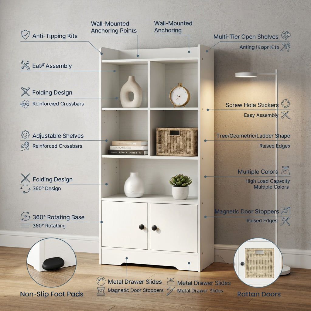 Spaco 4 Tiers Bookshelf with 4 Cubes Display Shelf and 2 Doors-White, Tall Bookshelf, Shelves for Living Room, Home Office, Bedroom, Balcony