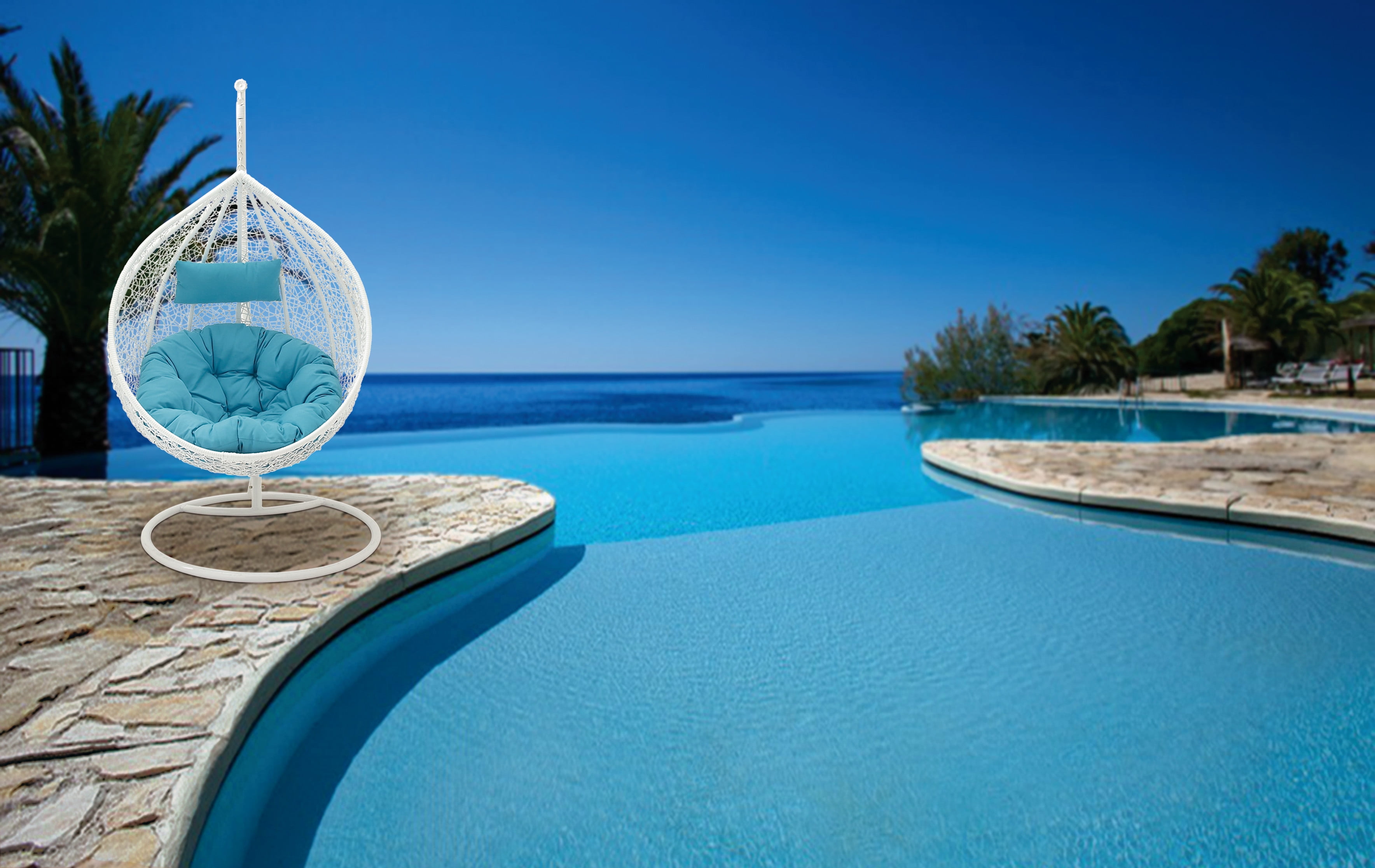 Decmode - White and Aqua Outdoor Single Pod Swing Chair w/ Rattan