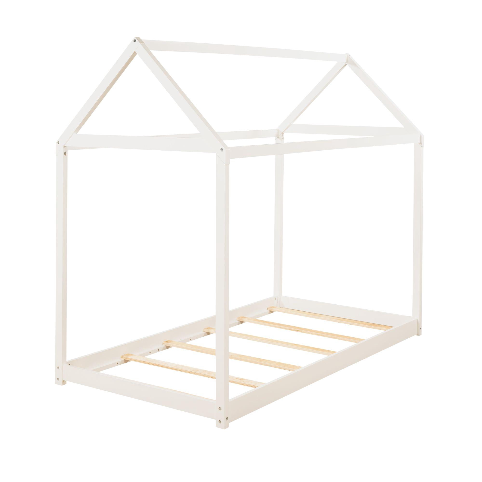 White Twin House Bed for Kids, Pine Wood Toddler House Bed Frame, Floor Canopy Bed with 6 Wooden Slats for Boys Girls Teens Children, Nursery Furniture, No Box Spring Needed, 76.1 x 41.5 Inch