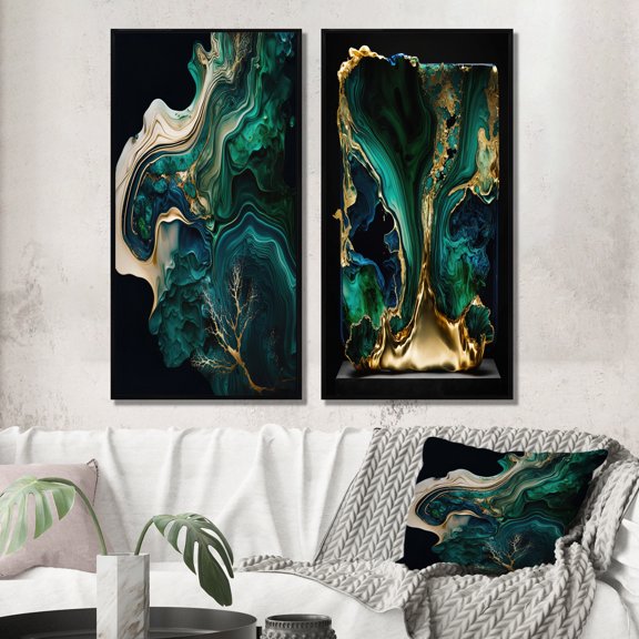 Designart "Marbleized Geode Abstraction I" Abstract Marble Framed Wall Art Set Of 2 - Green Abstract Frame Gallery Set For Office Decor