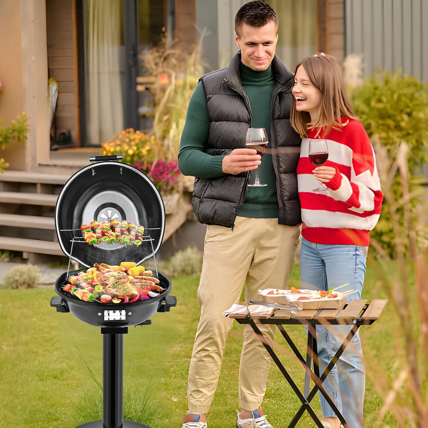 ROVSUN Tabletop Electric Grill with Temperature Control, Double Layer Design, 304 stainless, Portable Removable -Perfect Small Stove for Indoor and Outdoor BBQ, 1600W, Black