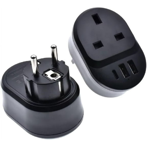 European Travel Plug Adapter,UK to Europe Power Outlets Adapter with 2 USB and USB-C,3-in-1 EU Schuko to UK Travel Adapter with Type-c and Two USB Port