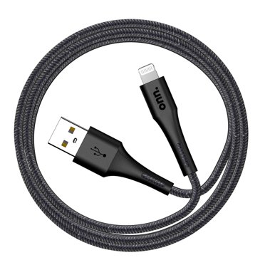 onn. USB Type a to Lightning Charging and Data Braided Cable for iPhone, iPad, Black, 6 feet