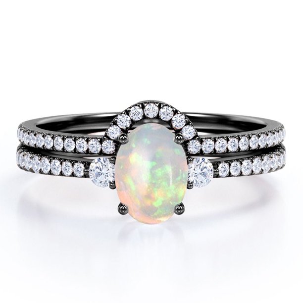 JeenMata Anillo de Bodas con Pavé Curvo de Ópalo Etíope Elíptico de 1 Quilate y Moissanita, Pasado, Presente y Futuro, Engastado en Oro Negro de 18 K sobre Plata