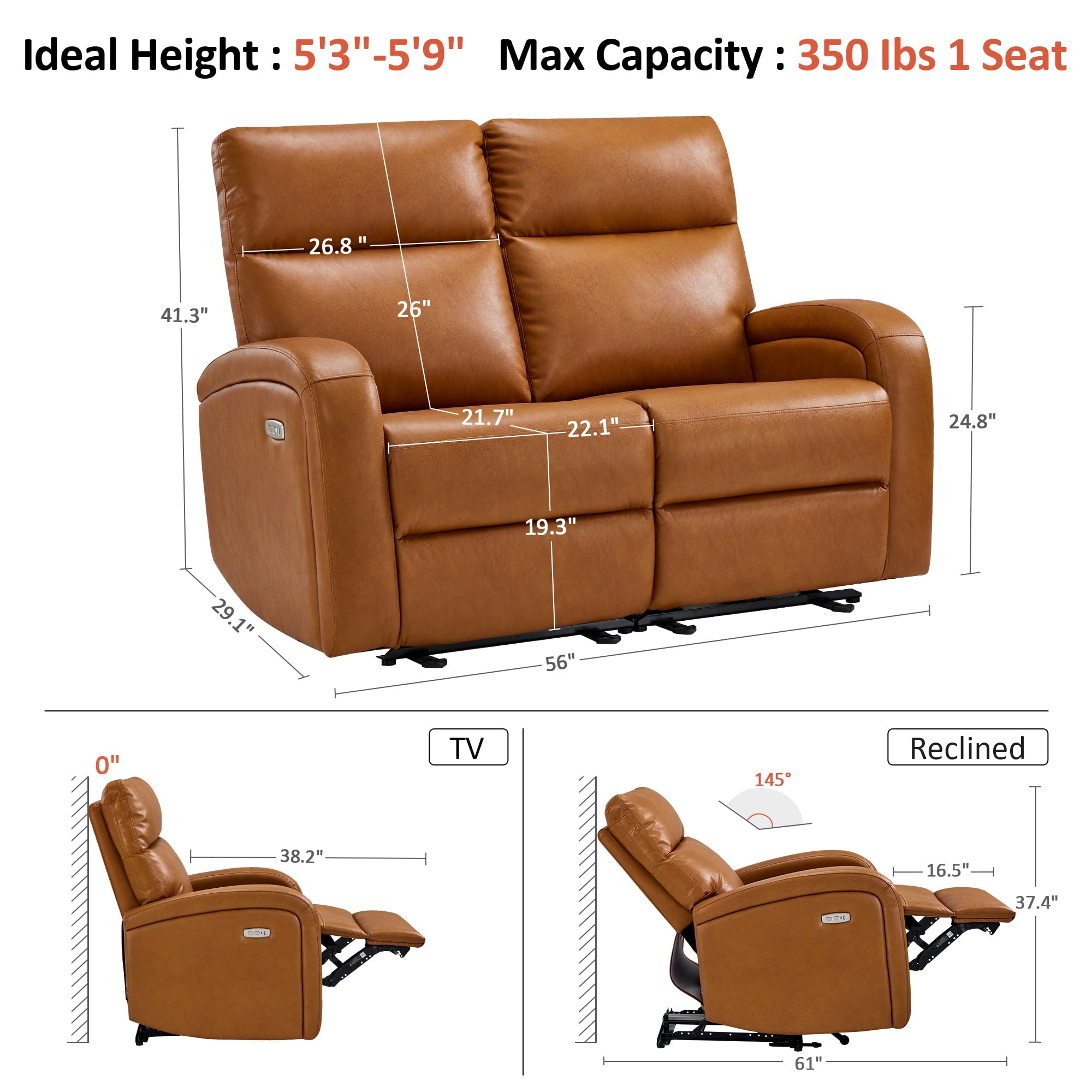 MCombo 56" Zero Wall Hugger Power Recliner Loveseat Sofa for Small Space, Living Room, RV, Cognac Brown