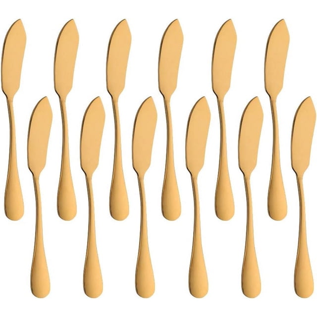 Juego de 12 cuchillos de acero inoxidable - mini cuchillos de cocina para tostadas, sándwich, pan, mantequilla, queso, desayuno - 14,5 cm - oro mate.