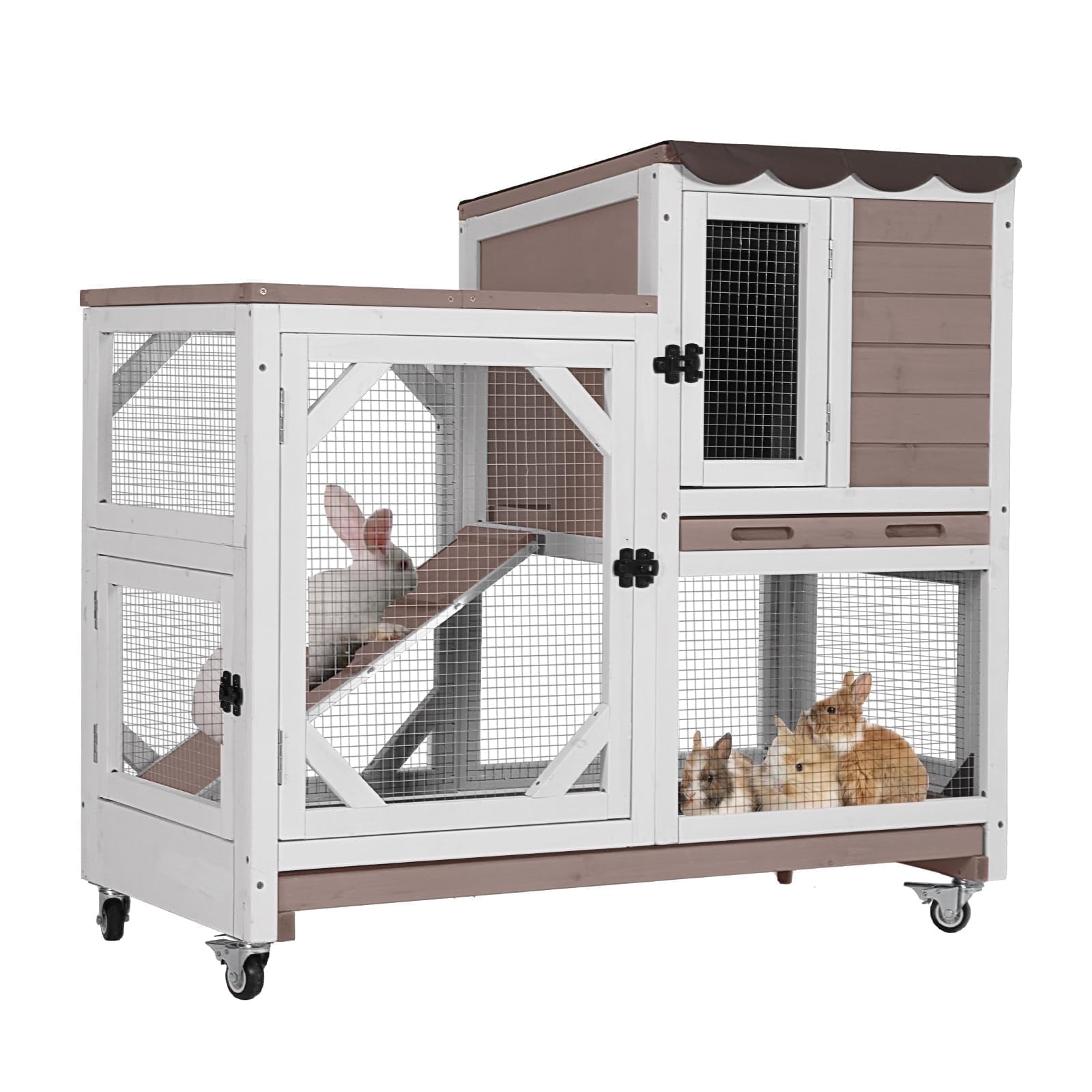 NiamVelo Indoor/Outdoor Wood Rabbit Hutch with Tray, Wheels
