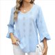thumbnail image 2 of Camiseta de Mujer con Cuello en V, Mangas 3/4 con Volantes y Ojales, Blusa Informal, Estilo Túnica, Tendencia 2025 Azul XL, 2 of 9