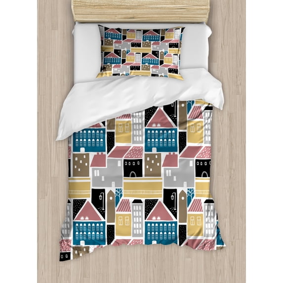 Doodle Duvet Cover Set Twin Size, Cartoon Animated Pattern of Colorful Scandinavian Old Town Houses on Plain Backdrop, Decorative 2 Piece Bedding Set with 1 Pillow Sham, Multicolor, by Ambesonne