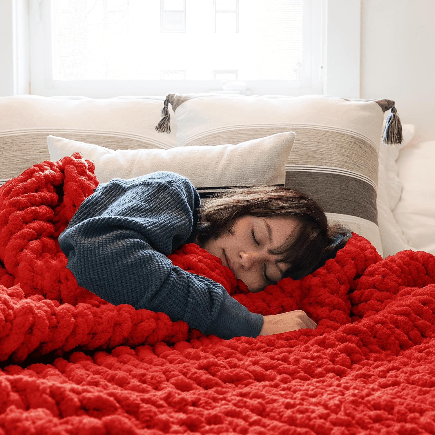 Comtest Chunky Knit Throw Blanket Chenille, Red, 40"x40"(Single Sofa)