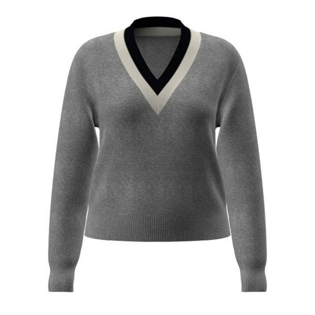 suéter george para mujer, con cuello v, contraste de color en cuello, tela rib gris talla eg vista frontal centrada de suéter gris de punto con cuello en V rib contrastante en negro y crema, mangas largas y dobladillo acanalado, silueta recta y ajuste clásico sobre fondo blanco; adecuado para combinar en looks casuales y como capa de invierno ligera.