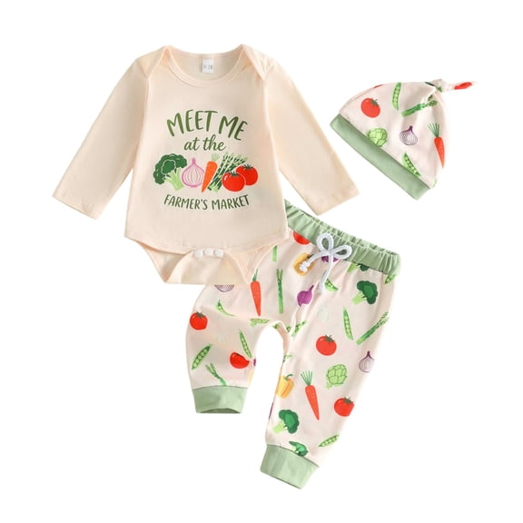 Baby 3-Piece Vegetable Print Outfit Long Sleeve Farmerâs Market Bodysuit Jogger Pants Knotted Hat Soft Casual Matching Clothing Set for Boys Girls(Beige,9-12 Months)
